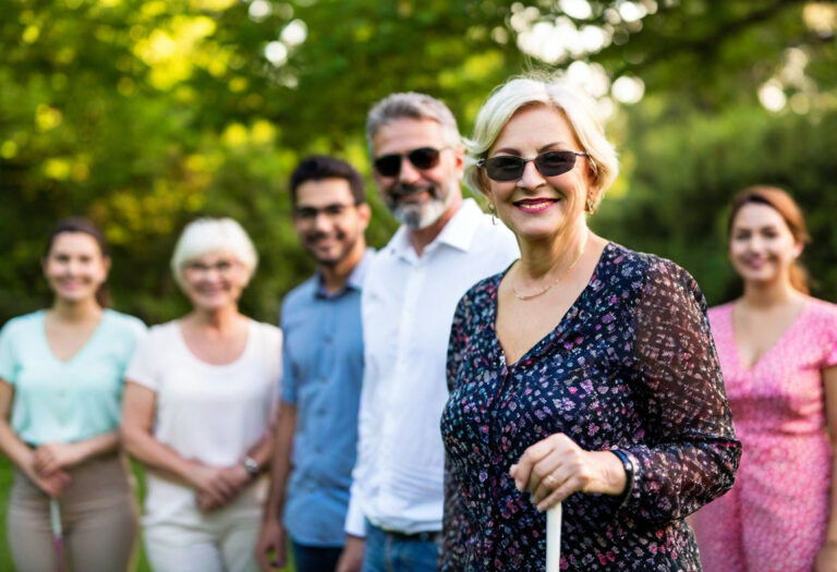 A group of six adults, including a woman in front holding a white cane, standing outdoors under trees, smiling at the camera.