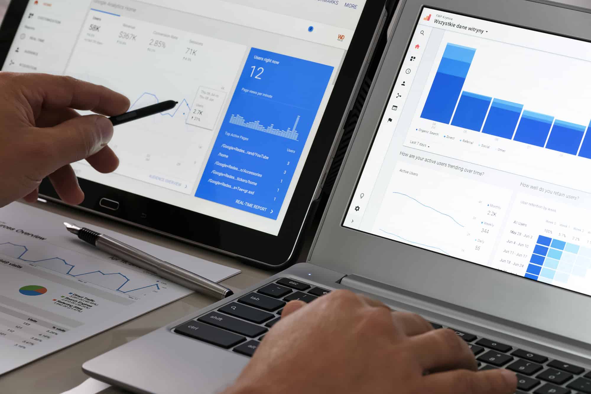 Two screens display analytics data with charts and graphs.